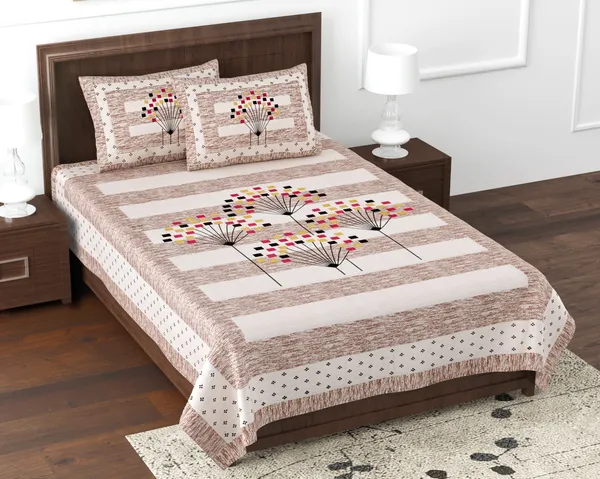 Brown_Cotton_Geometric_Bloom_Double_Bedsheet_With_Pillow_Cover_70X100_Cm